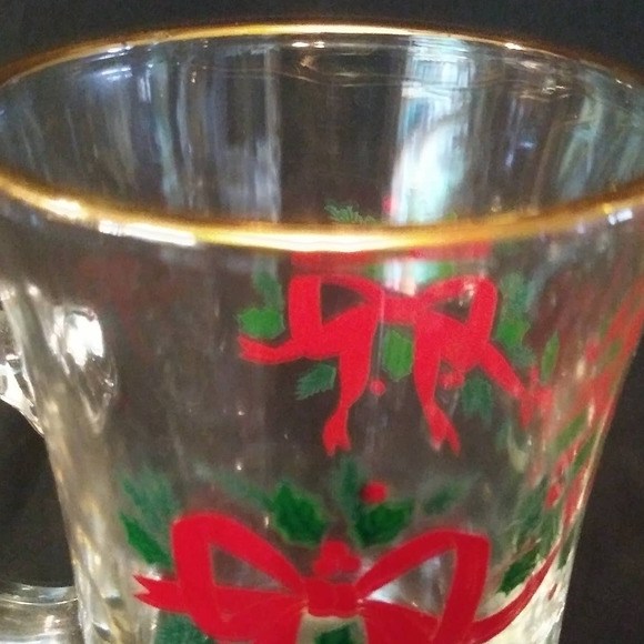 2 Vintage Libbey Clear Glass Pedestal Christmas Bow Irish Coffee Mugs Gold Trim - Picture 8 of 11